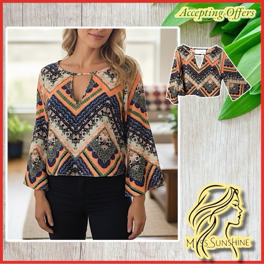 BEBE - Sz L - cropped trumpet sleeve keyhole front & back flowy smooth shirt